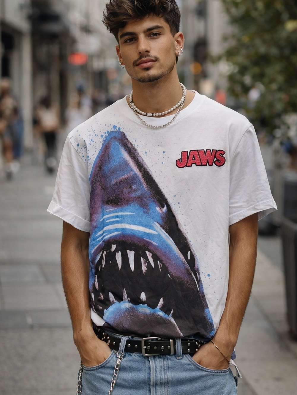 Jaws Shark Unisex Graphic Tee Size Large White Movie T Shirt Embroidered Logo